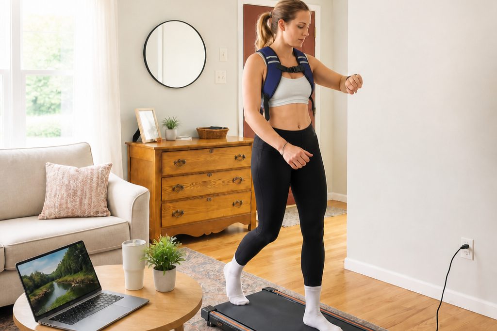 Woman wearing a weighted vest while walking on a compact walking pad at home